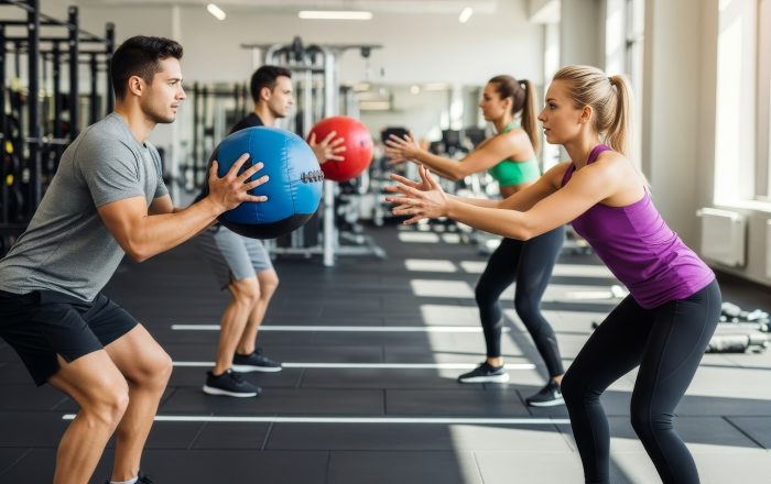 Athletic men and women performing squats with medicine balls during a group functional training class in a health club.