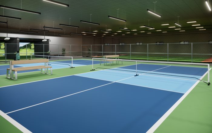 indoor pickleball court with blue and green color sport complex 3d render illustration